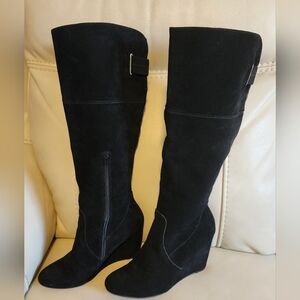 Women's Nine West Black Tall Knee High Boots Shoes Wedge Heal Suede BlkBox